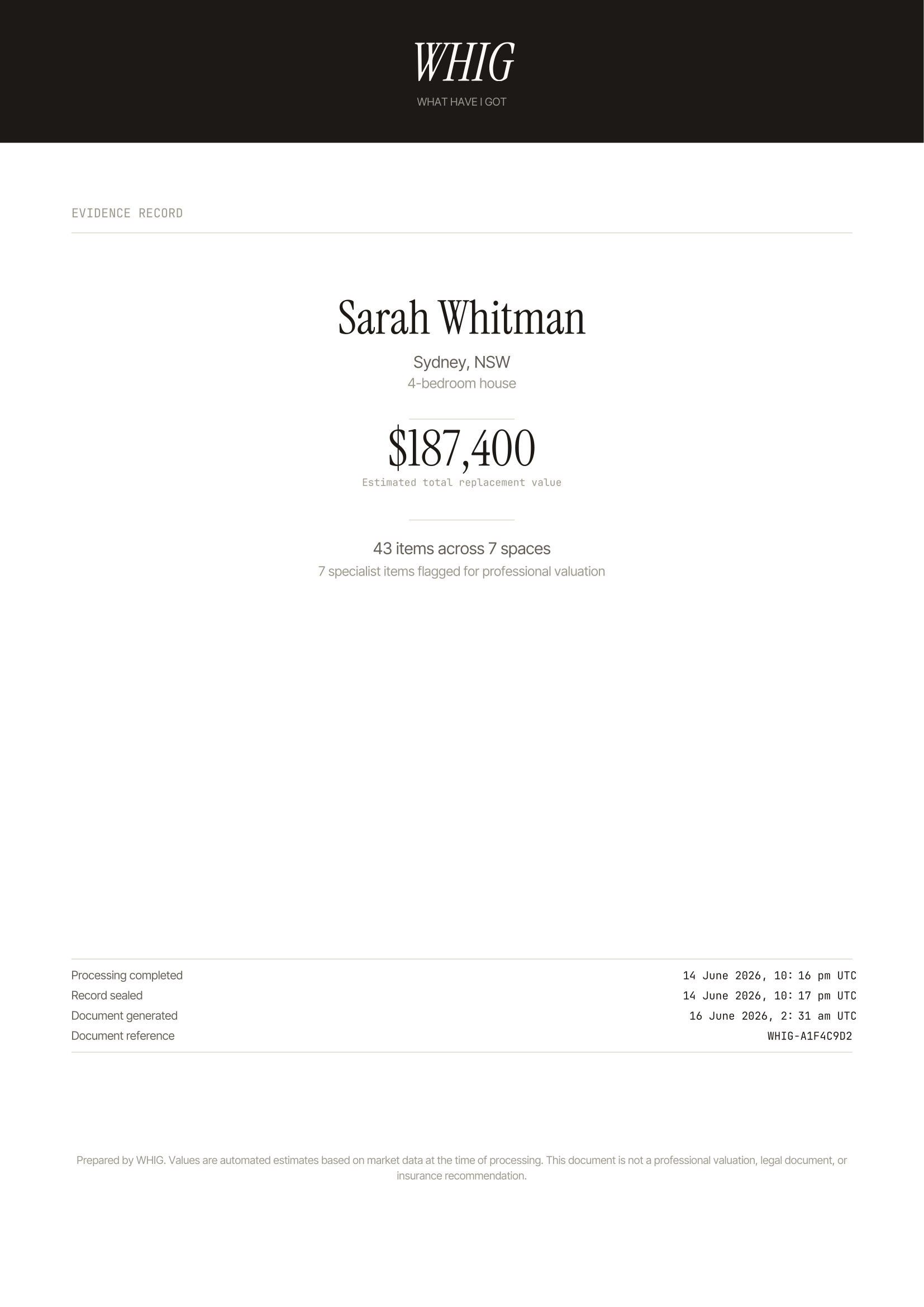 WHIG Evidence Record, cover page